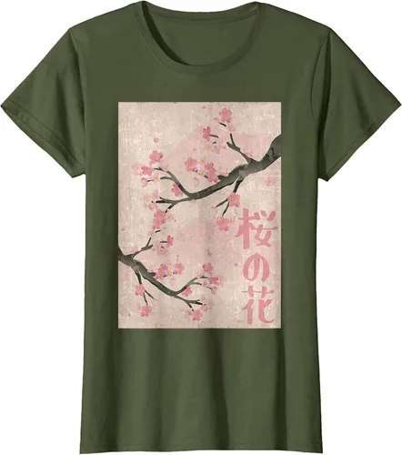 Vista 73 de Cherry Blossom Japanese Vintage Woodblock Japan Pink Sakura T-Shirt Asphalt Grey