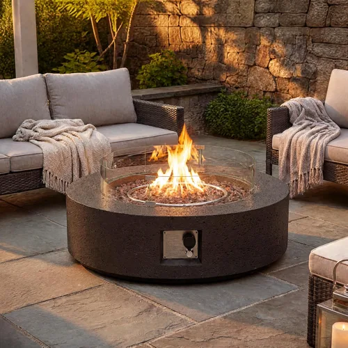 Vista 26 de COSIEST mesa cuadrada de propano para exteriores de arenisca con protector contra el viento, certificada, quemador de acero inoxidable de 50,000