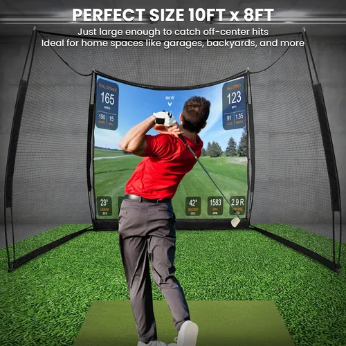 Vista 5 de Simuladores de golf para el hogar, red de golf de 11 x 8 pies con pantalla de impacto de simulador y tela objetivo, red de golf portátil resistente