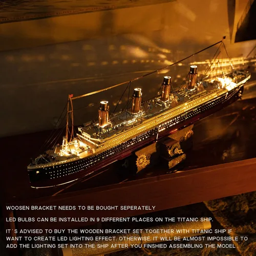 Vista 3 de MU Rompecabezas de metal 3D para adultos, edificio de modelo de barco Titanic con iluminación LED, RMS Titanic Ocean Liner Kit de modelos