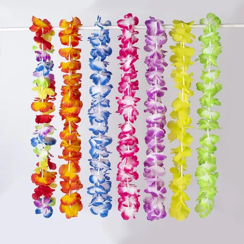 Vista 4 de HongyiTime 56 unidades de Leis hawaianos, suministros para fiestas Luau de collares, diademas y pulseras de flores elásticas, decoraciones hawaianas