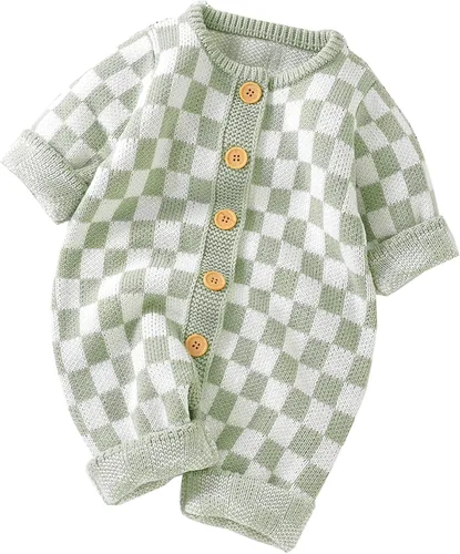 Vista 10 de Mameluco de punto unisex para bebé, niña, niño, overol de punto a cuadros, de una pieza, suéter con botones Negro