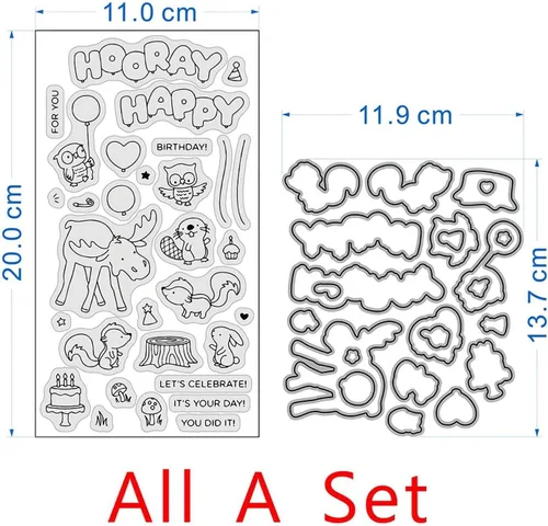 Vista 3 de Hooray Happy BIRTHAY - Juego de sellos y troqueles para hacer tarjetas, sellos transparentes y troqueles de corte de metal para álbumes de recortes