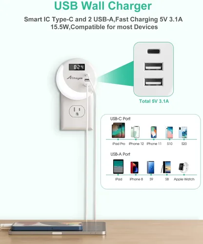 Vista 2 de Alitayee Luz nocturna LED, luces nocturnas enchufables a la pared, luz nocturna inteligente con sensor de luz nocturna con cargador USB C