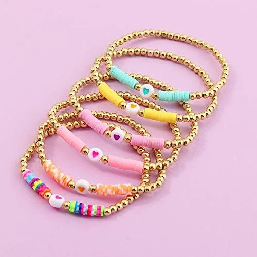 Vista 5 de COLORFUL BLING Paquete de 6 pulseras de cuentas doradas con diseño de bola de disco de vinilo arcoíris para mujeres y niñas