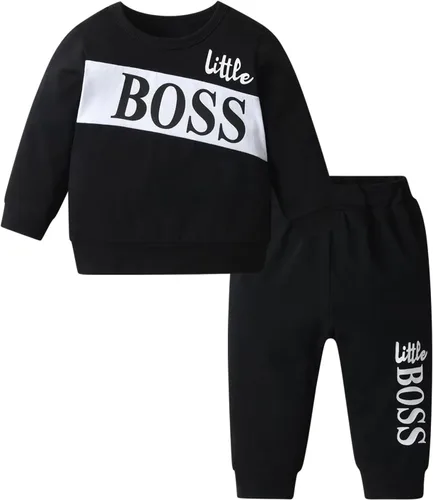 Vista 7 de Conjunto de 2 piezas de sudadera con estampado de letras de manga larga y pantalones para bebé niño Negro