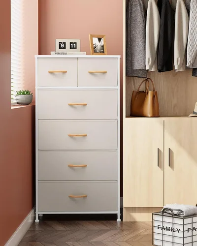 Vista 4 de Crestlive Products Cómoda para dormitorio, torre de almacenamiento alta y delgada, marco de acero resistente, parte superior de madera, cubos