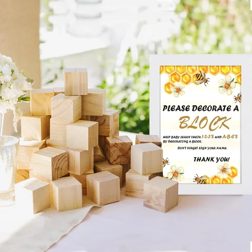 Vista 4 de Kit de decoración de bloques de madera para baby shower, juego de manualidades con temática de abeja 45 cubos de madera en blanco y 24 pinturas