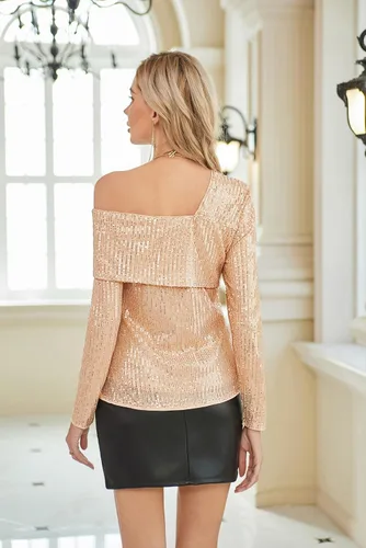 Vista 4 de GRACE KARIN Blusas de lentejuelas brillantes de un hombro para mujer, con purpurina de manga larga brillante y asimétricas para fiesta
