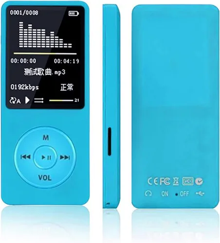 Vista 4 de Reproductor Mp4 azul con auriculares de reproducción de 70 horas, hasta 128 GB, reproductor de MP3 para deportes, reproductor de música portátil