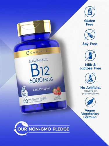 Vista 4 de Carlyle Vitamina B-12 6000mcg 120 tabletas de disolución rápida Sabor natural de bayas Cianocobalamina y metilcobalamina Suplemento