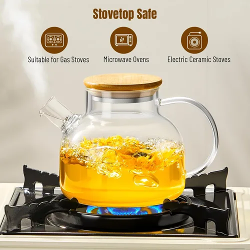 Vista 4 de PARACITY Tetera de vidrio para estufa de 600 ml/20 oz, hervidor de té transparente de borosilicato con tapa de bambú, tetera de vidrio con pico