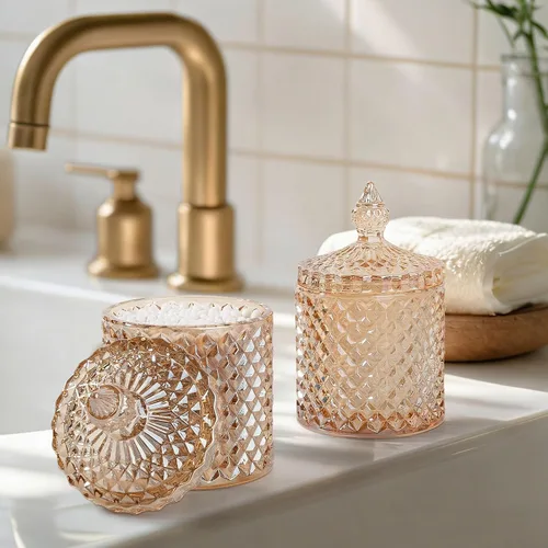 Vista 2 de Paquete de 2 Portacotonetes Frascos de Boticario de Vidrio Grueso con Tapa para Decoración de Baño Organizador de Almacenamiento para Hisopos