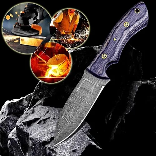 Vista 7 de Cuchillo de caza de acero de Damasco de hoja fija con funda de cuero de 9 pulgadas, cuchillo de caza de espiga completa, mango de madera