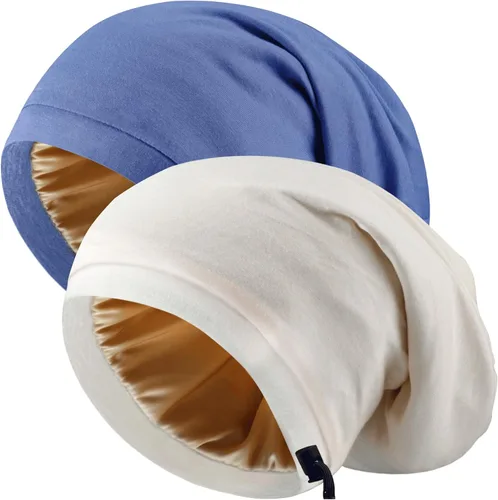 Vista 12 de 2 gorros de seda ajustables para dormir, gorro de dormir con forro de satén para mujeres y hombres, gorro de seda para el cabello holgado.