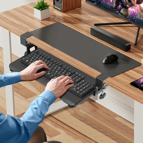 Vista 4 de suptek Bandeja pequeña para teclado debajo del escritorio con soporte de abrazadera C, teclado de computadora y bandeja para mouse, 20