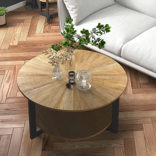 Vista 10 de LEEMTORIG KFZ-1338 Mesa de centro redonda de madera de 33.5 pulgadas, mesa de centro redonda de 2 niveles con almacenamiento para sala de estar
