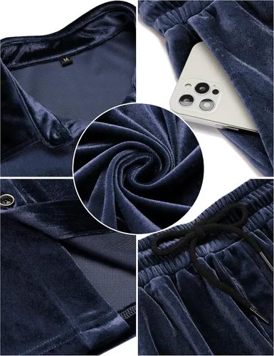 Vista 5 de LecGee Conjunto de pantalones cortos casuales de verano para hombre, camisa de terciopelo de manga corta con botones, pantalones cortos de cintura