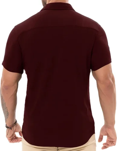Vista 6 de Askdeer Camisas de ajuste muscular para hombre, sin arrugas, manga corta, casual, elástica, ajustada, con botones