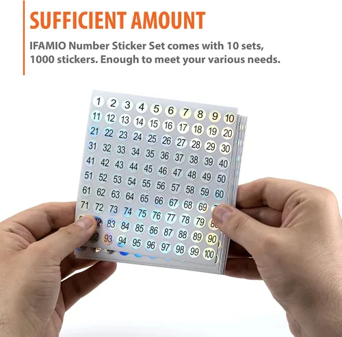 Vista 5 de 1-100 etiquetas adhesivas reflectantes con números láser, 10 juegos, 1000 autoadhesivas, redondas, pequeñas, consecutivas, etiquetas de número