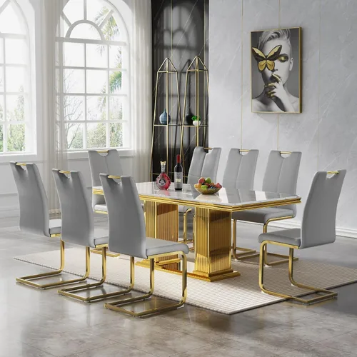 Vista 45 de 5 Piece Black Marble Dining Table Set for 4, Modern Faux Marble Kitchen Dining Room Tables with 4 Leather Chairs Set, 68.11" Luxury Rectangular