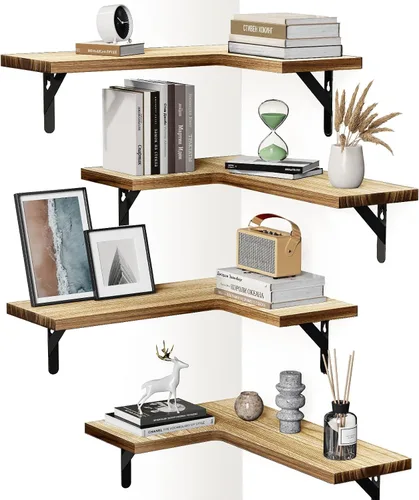 Vista 9 de AMADA HOMEFURNISHING Estantes flotantes de esquina, juego de 4 estantes de pared de esquina, estantes para decoración de pared, estantes esquineros