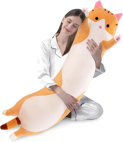 Vista 11 de shangman Bonita muñeca de gato de peluche, bonita almohada de peluche suave de caricaturas, almohada larga para dormir, regalo del día de San Negro
