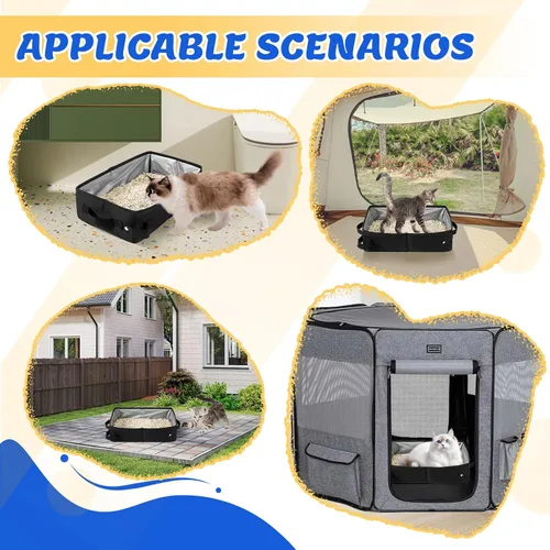 Vista 6 de Caja de arena plegable para gatos, caja de arena de viaje portátil para gatos con forro impermeable, ligera y fácil de limpiar, bandeja de arena