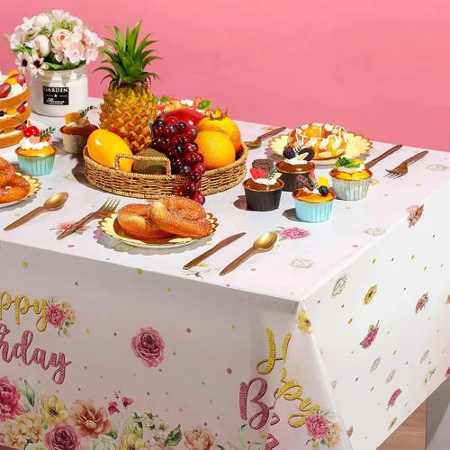 Vista 5 de Oudain Mantel de plástico para fiesta de cumpleaños, 3 piezas, color rosa, desechable, rectangular, rosa, para decoración de fiesta de cumpleaños