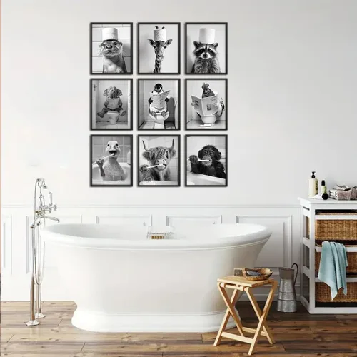 Vista 5 de Kizbok Arte Gracioso para Pared de Baño, Arte en Blanco y Negro, Impresiones de Arte de Baño en Lienzo de Animales Lindos, Carteles Graciosos