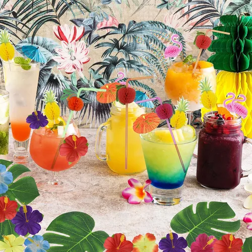 Vista 6 de JOPHMO Paquete de decoración de fiesta tropical Luau hawaiana temática de playa, suministros de fiesta Luau (112 piezas) incluyendo pancarta, falda