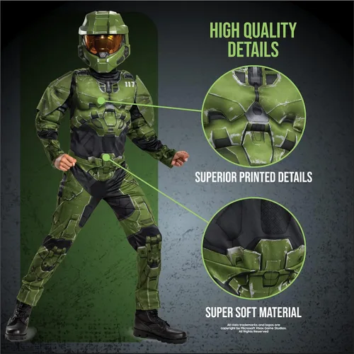Vista 3 de Disfraz de Halo Infinite Master Chief overol con relleno acolchado musculoso para niños, inspirado en personaje de videojuegos