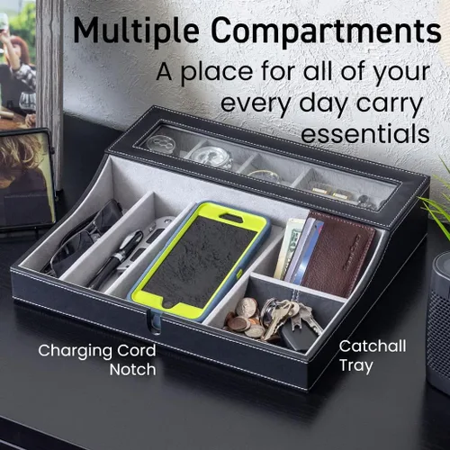 Vista 4 de Houndsbay Navigator - Bandeja organizadora grande para hombre con caja de relojes, organizador de joyas y estación de carga para móvil, Café Oscuro