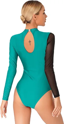 Vista 22 de iiniim Leotardo de malla para mujer, con diamantes de imitación, de malla, de manga larga, leotardos de gimnasia
