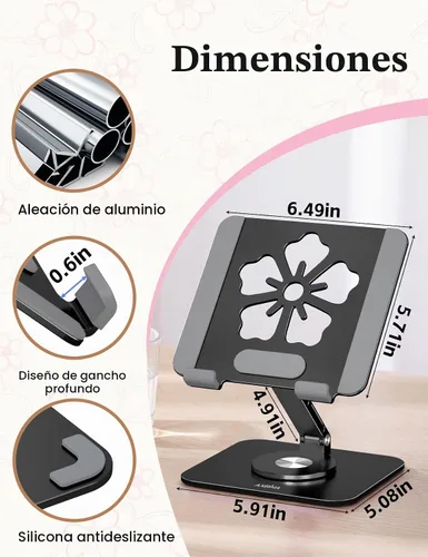 Vista 4 de Soporte para Tablet para iPad, Soporte Plegable de Aluminio Giratorio 360° – Soporte de Escritorio Ajustable Compatible con iPad Pro 12.9/11 Negro