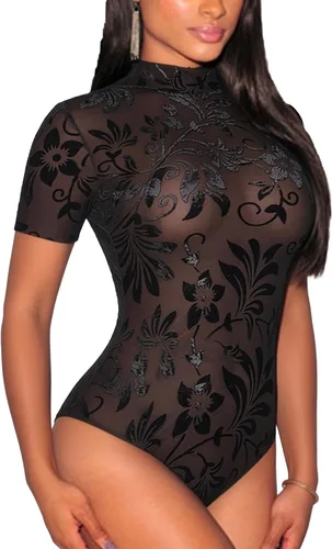 Vista 15 de Lrady Women's Short Sleeve Bodysuit Mesh Sheer Going Out Tops K#1 Negro
