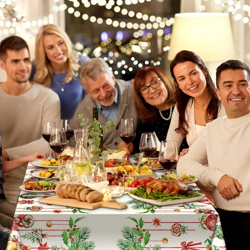 Vista 4 de Frienda Paquete de 3 manteles de plástico para Navidad, mantel de Navidad desechable rectangular para decoración de fiesta de Navidad, suministros