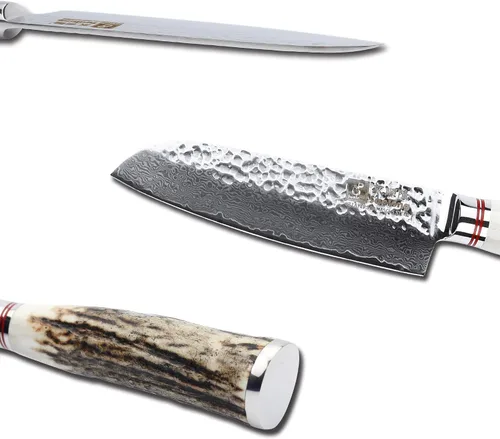 Vista 2 de SUNLONG Santoku - Cuchillos de 5 pulgadas con mango de cuernos naturales de Damasco martillado japonés