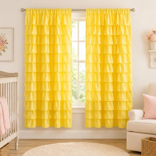 Vista 11 de Cortinas negras con volantes, 2 paneles, paneles de ventana con volantes de 12 capas, cortinas de estilo rústico para dormitorio, baño, bolsillo