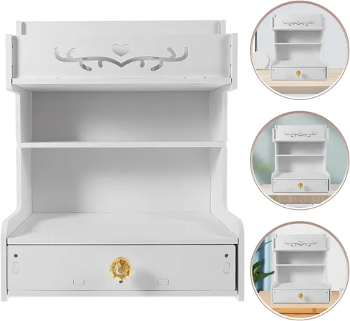 Vista 6 de STOBAZA Organizador de escritorio estacionario Kawaii con cajón, compartimento de mesa de madera, almacenamiento de maquillaje, organizador