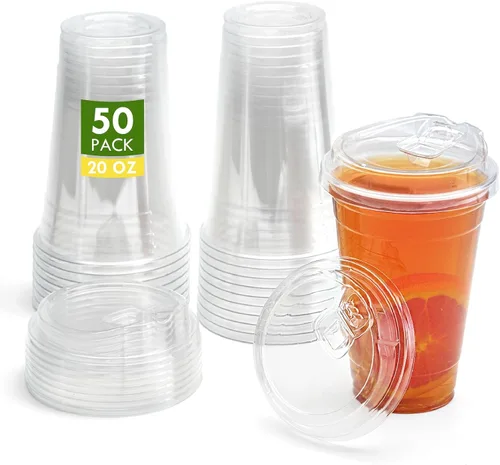 Vista 7 de Juego de 50 vasos de plástico transparente de 12 onzas con tapas para sorber sin pajilla, sin BPA, a prueba de fugas, resistentes a las grietas
