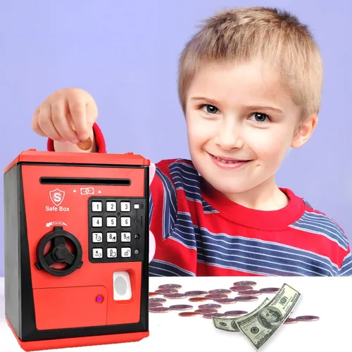 Vista 2 de Caja fuerte para niños con código por huella dactilar, alcancía parlante, caja de ahorros, cajero automático, para dinero real, gran juguete