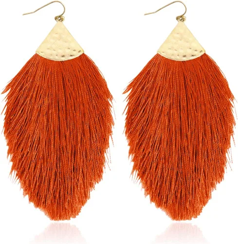 Vista 29 de Aretes bohemios de hilo sedoso con flecos y borlas – Ligeros, colgantes, con hebras y forma de pluma Fleco de plumas - Azul Aqua