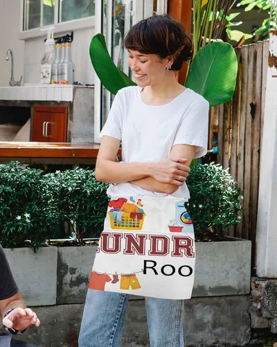Vista 4 de DecorLovee Laundry Room Waitress Apron with 3 Pockets, Cartoon Washday Washing Machine Clothes Server Aprons