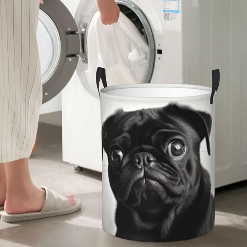 Vista 7 de Cute Black Pug Dog print Circular Hamper Waterproof Storage Bin Organizer Basket Laundry Hamper With Handles For Clothes Toys Small