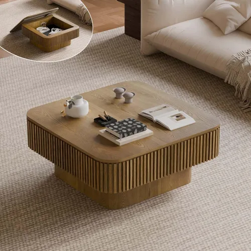 Vista 14 de Mesa de café cuadrada pequeña con almacenamiento, mesa de café moderna de madera con chapa de madera maciza, mesa central estriada
