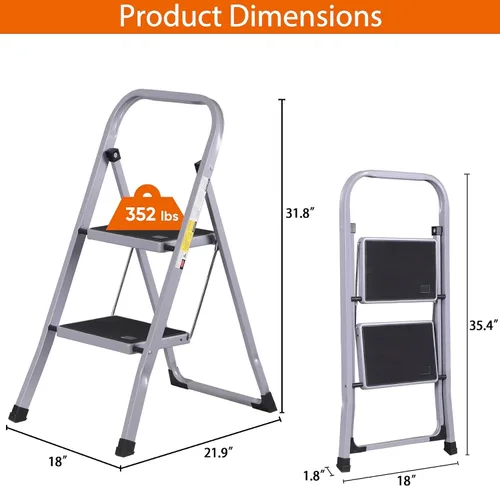 Vista 6 de F2C Escalera de 2 escalones, taburete de 2 escalones para adultos, taburete plegable de 2 escalones con práctico mango de empuñadura, capacidad