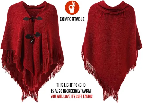 Vista 3 de Ferand Poncho de ajuste holgado para mujer con botones de cuerno elegantes, cuello en V y dobladillo en V