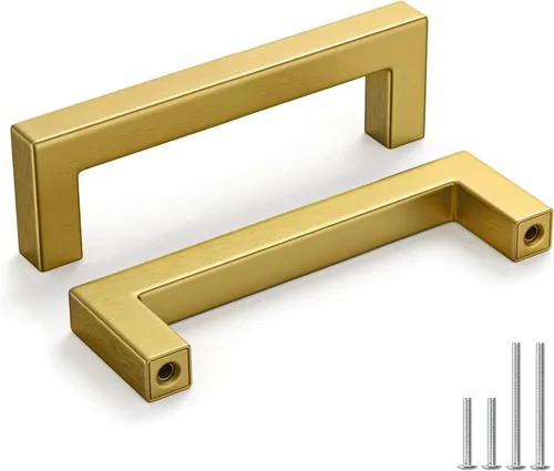Vista 13 de Homdiy Paquete de 30 tiradores de bronce cepillado dorado de 3- 1/2 pulgada, cuadrados, herrajes para gabinete de cocina, armarios; 3- 1/2 pulgadas