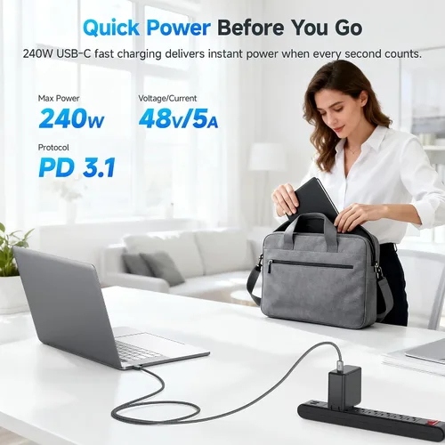 Vista 2 de Cable Matters Cable trenzado de carga rápida USB C de 240W - 3 pies, cable USBC a USBC, sin video, cable de carga rápida de 240W tipo C compatible